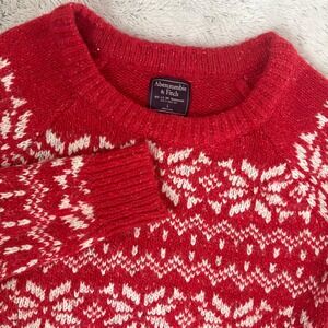 Abercrombie Fitch Red Snowflake Fair Isle Crew Neck Sweater Women L Prep Winter